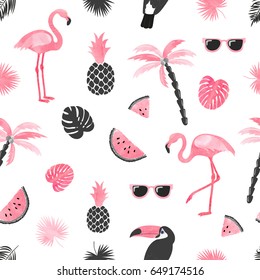 Seamless tropical trendy pattern with watercolor flamingo, watermelon slices and palm leaves. Vector summer background.