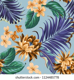 Seamless tropical vector aloha pattern with amazing stylish colors, lotus plumeria palms and ficus flowers. Aloha design. 