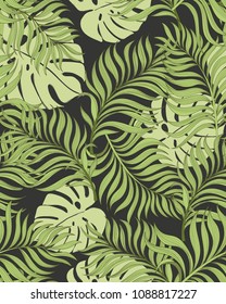 Seamless tropical vector background with exotic leaves. Summer print.