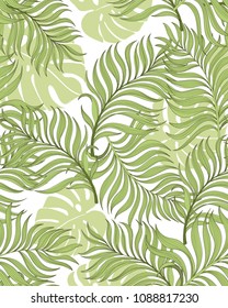 Seamless tropical vector background with exotic leaves. Summer print.