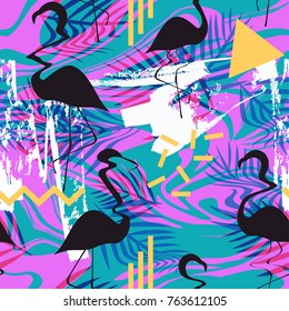 Seamless tropical vector glitched pattern with tropical plants and flamingo. Hand drawn brush strokes. Fashion jungle print for design.