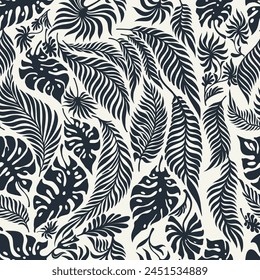 Seamless tropical vector laconic trendy hand drawn ink pattern for design of fabric, decor, ceramics, cards, flowers, texture print on light background