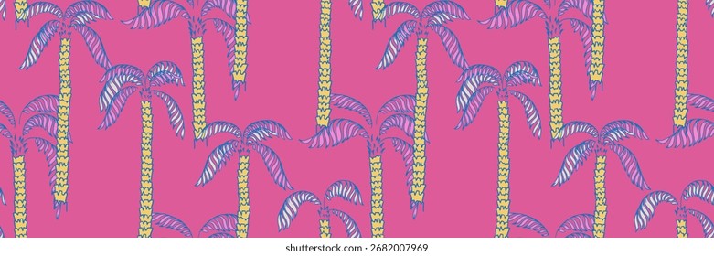 Seamless tropical vector pattern with abstract palm trees in blue and yellow on a vibrant pink background. Summer prints, beach designs, and exotic decor