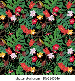 Seamless tropical vector pattern. Botanical illustration on black background