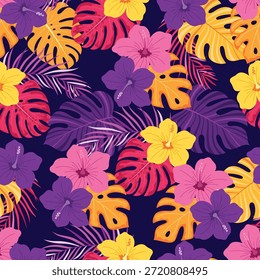 seamless tropical vector pattern with bright hibiscus flowers and exotic palm leaves on dark background