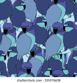 Seamless tropical vector pattern with colorful parrots. Blue colors