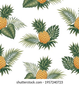 Seamless tropical vector pattern with exotic palm leaves and pineapples isolated on white background.