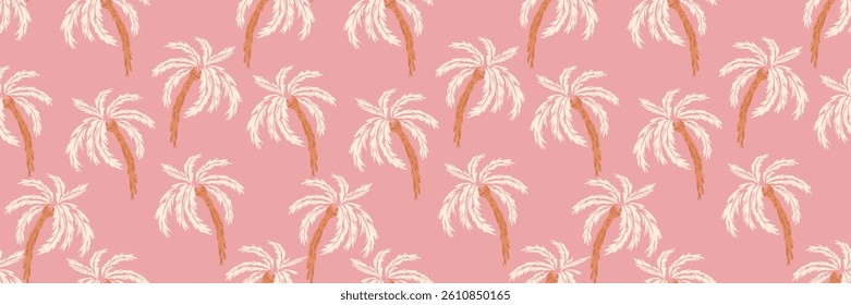 Seamless tropical vector pattern featuring hand drawn palm trees in soft tones on a pastel pink background. Perfect for summer textiles, beachwear, wallpaper, or exotic themed branding