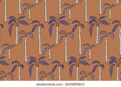 Seamless tropical vector pattern featuring hand drawn palm trees with textured trunks and curved leaves on a beige background. Ideal for summer themed designs, textiles, wallpapers, and packaging.