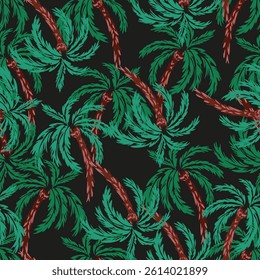 Seamless tropical vector pattern featuring hand drawn palm trees with green fronds and textured brown trunks on a black background. Perfect for summer designs, textiles, wallpapers,  beachwear