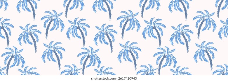 Seamless tropical vector pattern featuring hand drawn palm trees in blue tones on a white background. Perfect for summer textiles, beachwear, wallpaper, or exotic themed branding