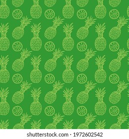 Seamless tropical vector pattern with fruits. Hand-drawn pineapple and kiwi on a green background. Design for kids