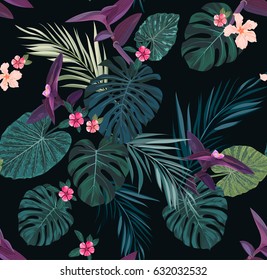 Seamless tropical vector pattern with green palm leaves and hibiscus flowers on dark background.