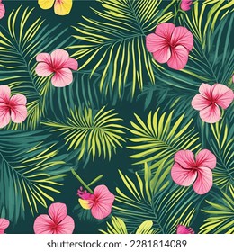 Seamless tropical vector pattern. Jungle background with hibiscus flowers leaves