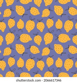 nahtlose tropische Vektormuster mit wenig süß strukturierten grafischen Zitronen. blauer violetter schöner Hintergrund. Perfekt für Umhüllungspapier, Textilien, Verpackungen, Dekoration, Scrapbooking