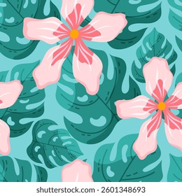 A seamless tropical vector pattern with monstera leaves and hibiscus flowers. Perfect for summer textiles, wrapping paper, and nature-themed designs