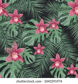 Seamless tropical vector pattern with orchids flowers and exotic palm leaves on dark background.
