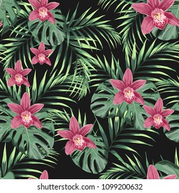 Seamless tropical vector pattern with orchids flowers and exotic palm leaves on dark background. Illustration for design wedding invitations, greeting cards, postcards with space for your text. 