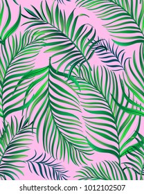 	
Seamless tropical vector pattern with palm leaves. Summer illustration. Template for web, textile, print design.