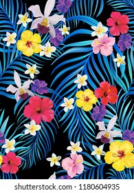 Seamless tropical vector pattern with palm leaves and hibiscus flowers. Summer illustration. 