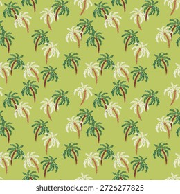 Seamless tropical vector pattern with palm trees in green, beige, and brown on a light lime background. Designs for summer textiles, beachwear, wallpapers, and tropical prints