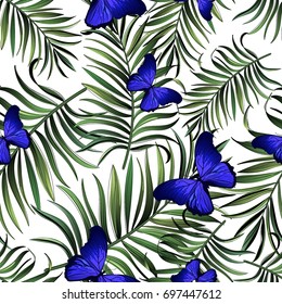 Seamless tropical vector pattern with palm leaves and butterfly. Summer illustration. 