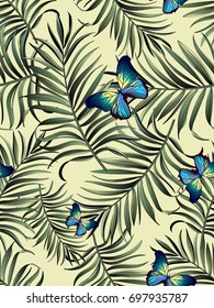 Seamless tropical vector pattern with palm leaves and butterfly. Summer illustration. 