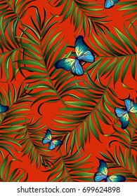 Seamless tropical vector pattern with palm leaves and butterfly. Summer illustration. 