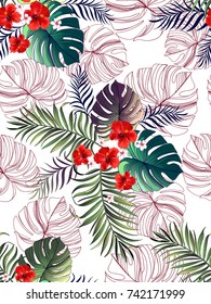 Seamless tropical vector pattern with palm leaves and birds. Summer illustration. Vintage print.