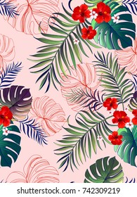 Seamless tropical vector pattern with palm leaves and hibiscus flowers. Summer illustration. Vintage print.