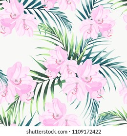 Seamless tropical vector pattern with paradise pink rhododendron flowers and exotic palm leaves on white background. Illustration for design wedding invitations, greeting cards, textile.