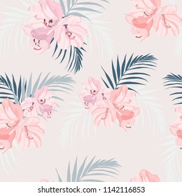 Seamless tropical vector pattern with paradise pink rhododendron flowers and exotic palm leaves on tender peach background. Illustration for design wedding invitations, greeting cards, textile.