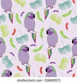 Seamless tropical vector pattern with parrots, gingko biloba leaves, bird feathers. Pastel color.