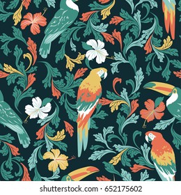 Seamless tropical vector pattern with parrots toucan and flowers