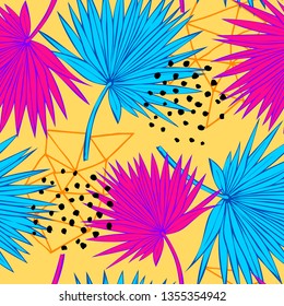 Seamless tropical vector pattern with tropical plants and palm leaves. Fashion jungle print for design