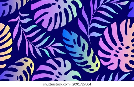 Seamless tropical vector pattern with tropical plants and palm leaves. Fashion jungle print for design. jungle leaves in psychedelic style, neon, fluorescent color gradient tropical pattern