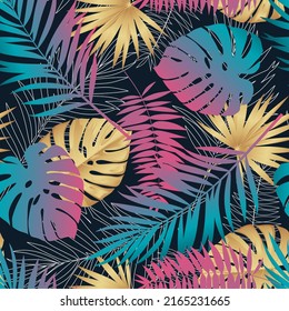 Seamless tropical vector pattern with tropical plants and palm leaves. Hand drawn abstract tropical summer background: palm tree, monstera, gradient silhouette, gold colors.