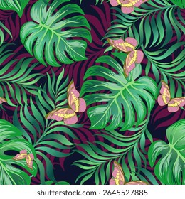 Padrão de vetor tropical sem emenda com plantas tropicais 
e folhas de palmeira. Fundo de verão vetorial. Vetor de stock ESP 10