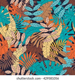 seamless tropical vector pattern with tropical plants and palm leaves