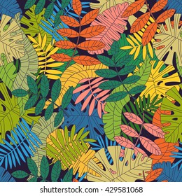 seamless tropical vector pattern with tropical plants and palm leaves