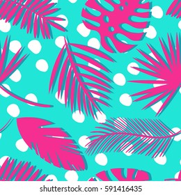 Seamless tropical vector pattern with tropical plants and palm leaves. Fashion pop art print for design.
