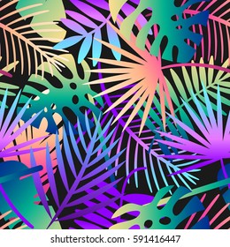 Seamless tropical vector pattern with tropical plants and palm leaves. Fashion jungle print for design.