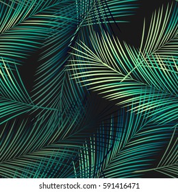 Seamless tropical vector pattern with tropical plants and palm leaves. Fashion jungle print for design.