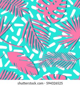 Seamless tropical vector pattern with tropical plants and palm leaves. Fashion pop art print for design.