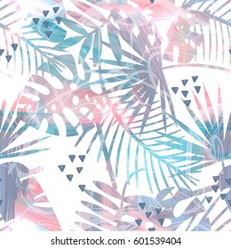 Seamless tropical vector pattern with tropical plants and palm leaves. Fashion jungle print for design.