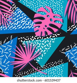 Seamless tropical vector pattern with tropical plants and palm leaves. Fashion memphis print for design.