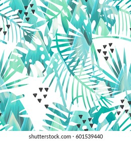 Seamless tropical vector pattern with tropical plants and palm leaves. Fashion jungle print for design.