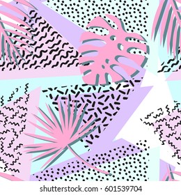 Seamless tropical vector pattern with tropical plants and palm leaves. Fashion memphis print for design.
