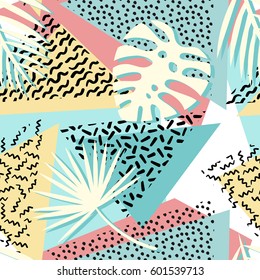 Seamless tropical vector pattern with tropical plants and palm leaves. Fashion memphis print for design.
