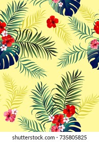 Seamless tropical vector pattern with tropical plants and palm leaves. Vintage print for design.